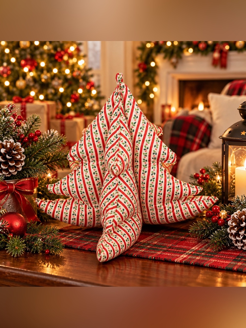 Vintage Christmas Tree Handmade Fabric Plush Stuffed Mistletoe Candy Cane